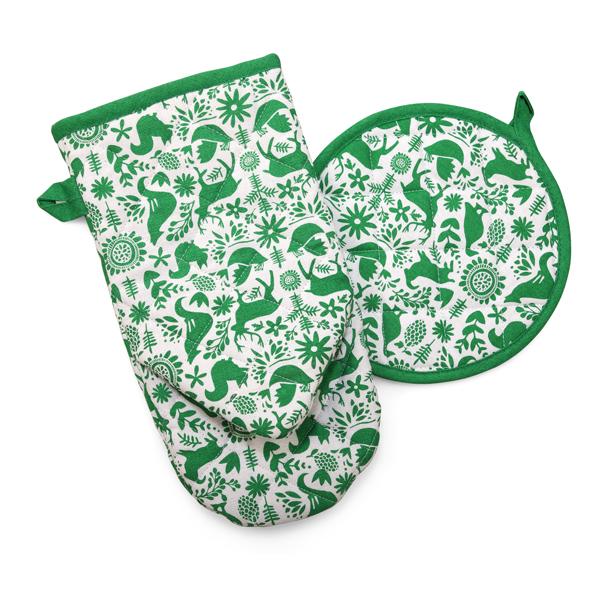 Holiday Oven Mitts & Pot Holder/ Set of 2, Otomi Green - Annizon Home Essentials