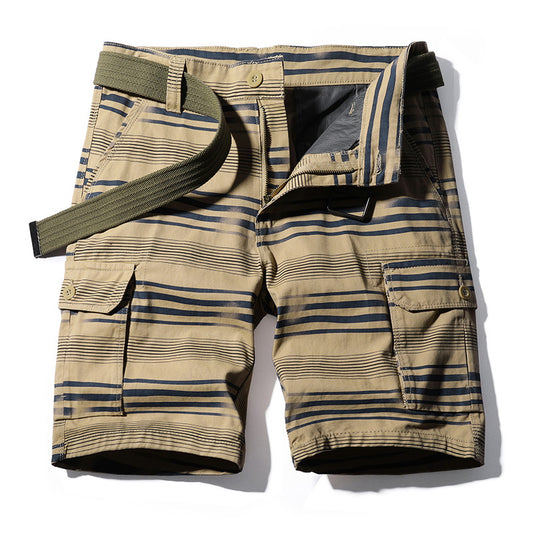 Work wear shorts men's fashion running water washing stripe Multi Pocket casual pants pure cotton five point sports men's pants