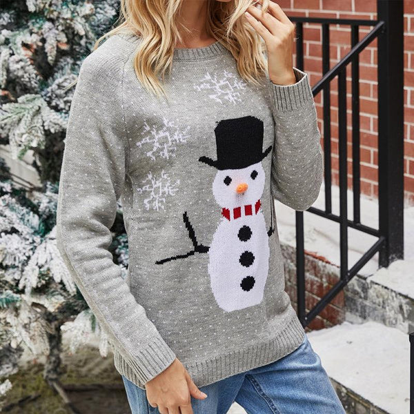 #Christmas# Long Sleeve Round Neck Pullover Sweater Snowman