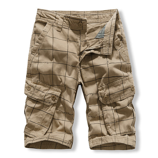 Work wear shorts: Men's middle-aged and old-age sports washed pure cotton pants, lattice Multi Pocket six point casual pants