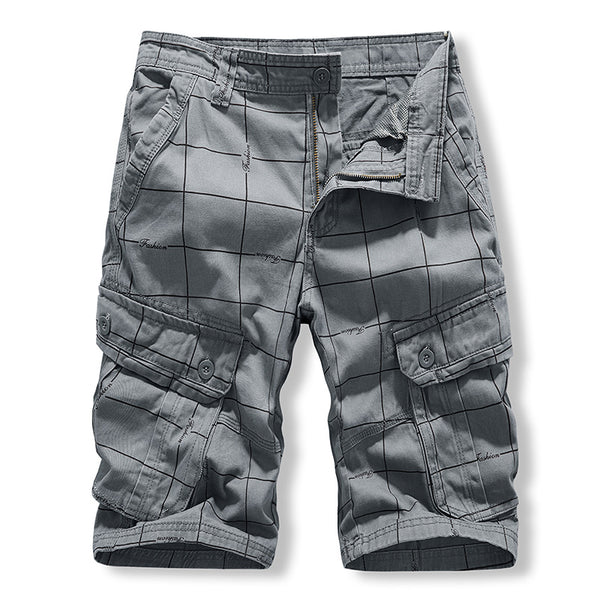 Work wear shorts: Men's middle-aged and old-age sports washed pure cotton pants, lattice Multi Pocket six point casual pants