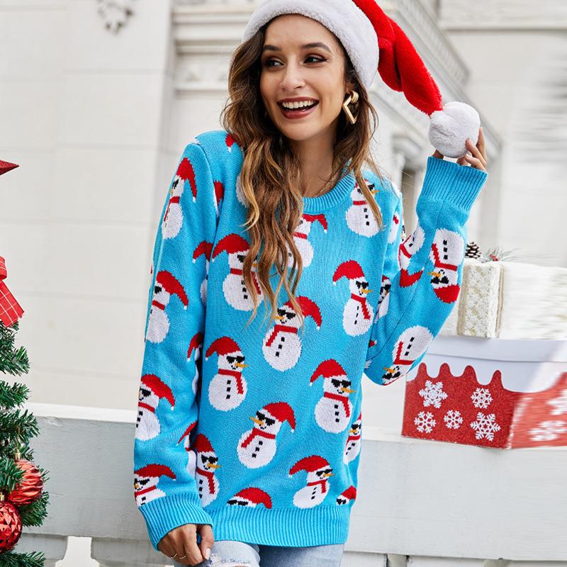 #Christmas# Long Sleeve Round Neck Pullover Snowman Sweater