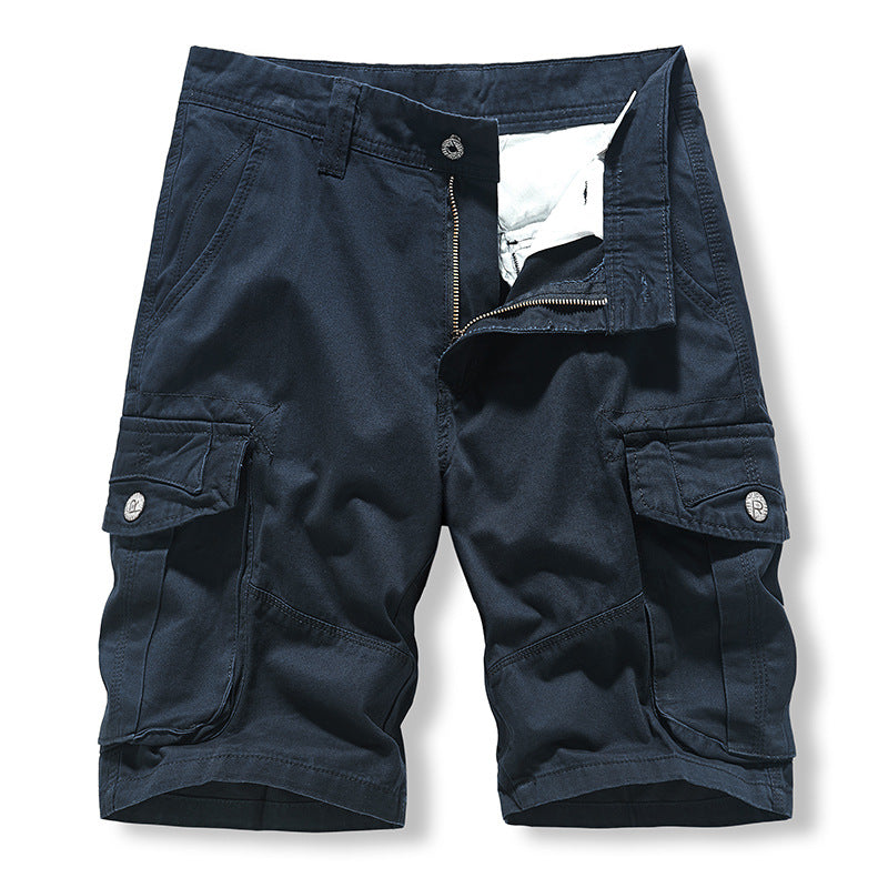 Solid color washed cotton pockets cargo pants bermuda