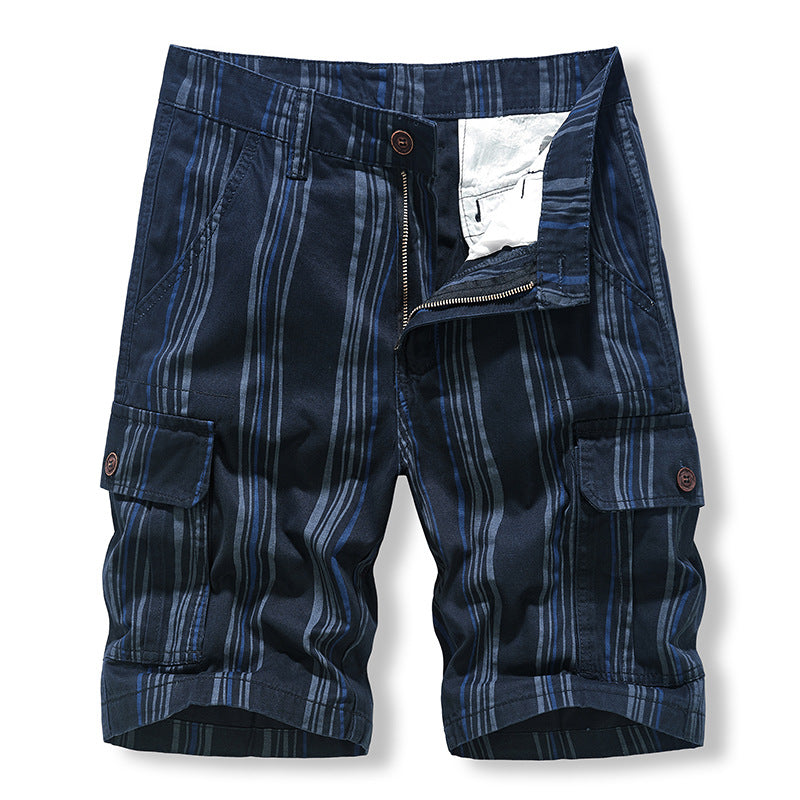 Casual Shorts: Men's middle-aged and old-age sports washing Pure Cotton Striped Multi Pocket work clothes pants