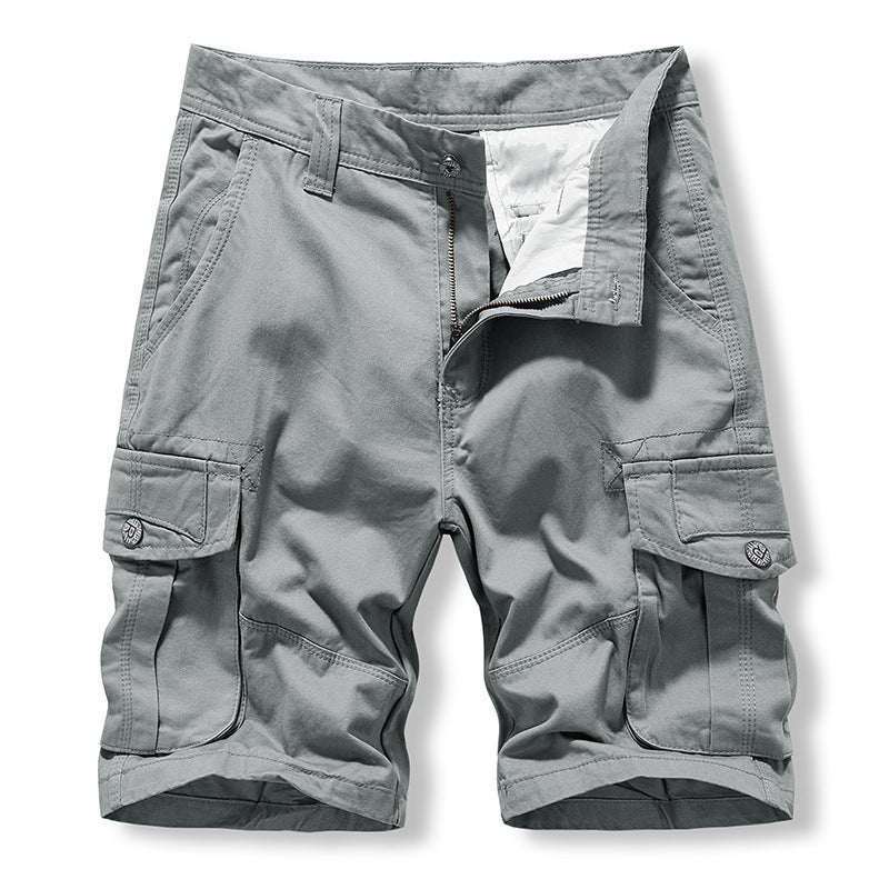 Solid color washed cotton pockets cargo pants bermuda