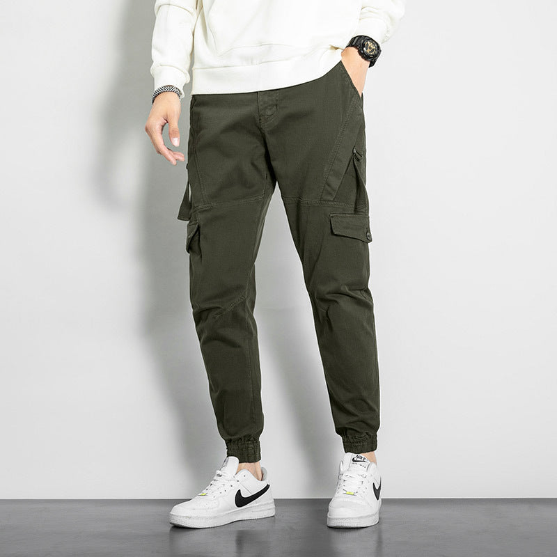 Overalls Pants: Men's overalls, large size, fashionable, versatile, washed solid color, Multi Pocket casual pants