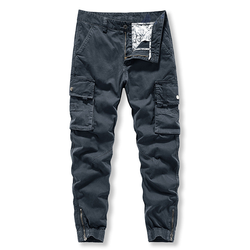 Washed solid color overalls, men's fashion, versatile, zipper pants, Multi Pocket sports and leisure pants