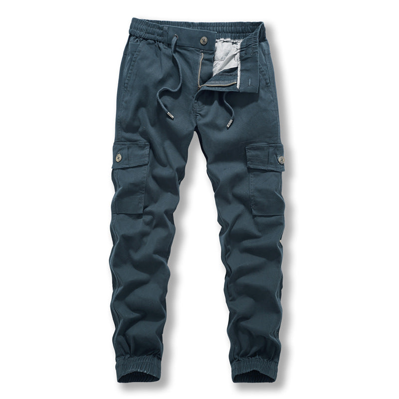 Pure cotton overalls: Men's new trend, washed pure color, legged, multi pocket, casual pants