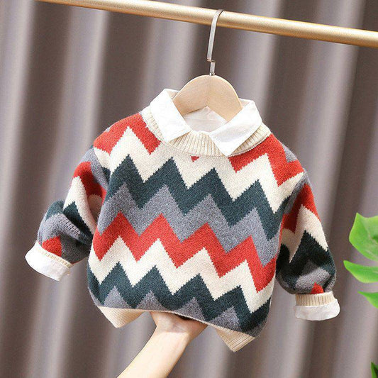 Children's corrugated foreign sweater boys and girls 2022 autumn and winter clothing baby plus velvet sweater children's warm line clothing trend