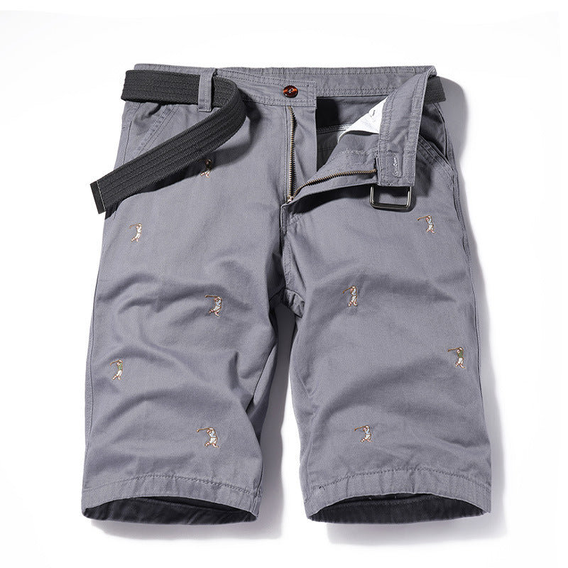 Shorts: Men's simple, classic, versatile, washed Figure Embroidered casual overalls, six point sports pants