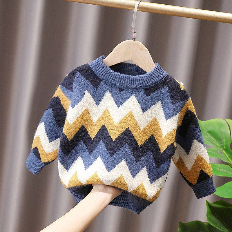 Children's corrugated foreign sweater boys and girls 2022 autumn and winter clothing baby plus velvet sweater children's warm line clothing trend