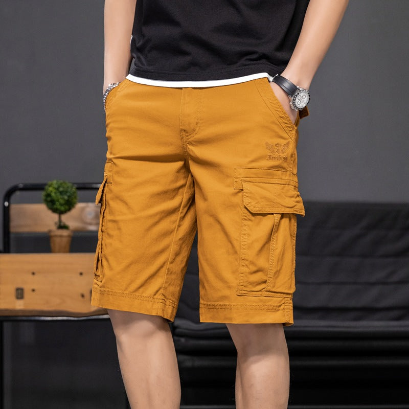 Shorts: Men's fashion, versatile, washed, solid color, local embroidery, Multi Pocket work clothes, casual pants, dynamic pants