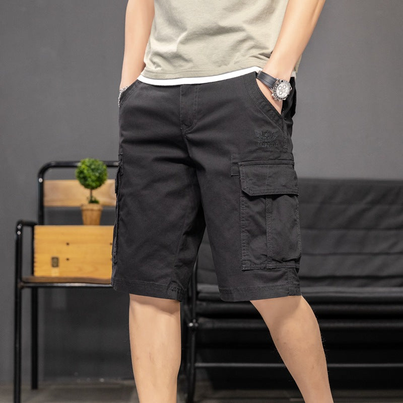 Shorts: Men's fashion, versatile, washed, solid color, local embroidery, Multi Pocket work clothes, casual pants, dynamic pants