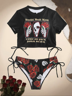 Skull Rose Print Drawstring Split Bikini Swimsuit # Halloween