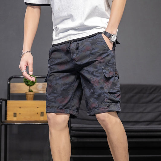 Shorts: Men's fashion, versatile, washed camouflage, multi pocket, work wear, casual pants, loose and movable, 5-point pants