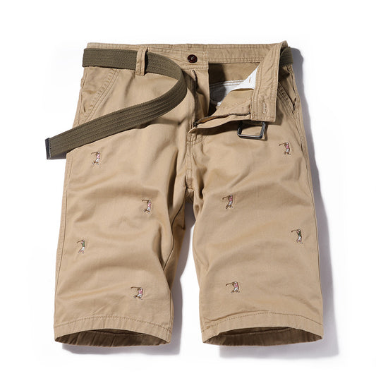 Shorts: Men's simple, classic, versatile, washed Figure Embroidered casual overalls, six point sports pants