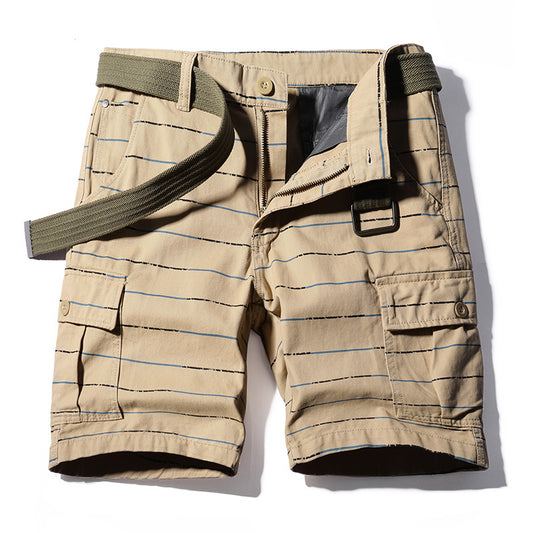 Work Shorts: Men's new fashion pure cotton washing stripe Multi Pocket five point sports casual pants