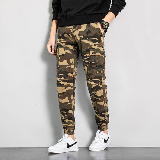 Men's overalls are fashionable and versatile. Large size washed camouflage multi bag casual pants
