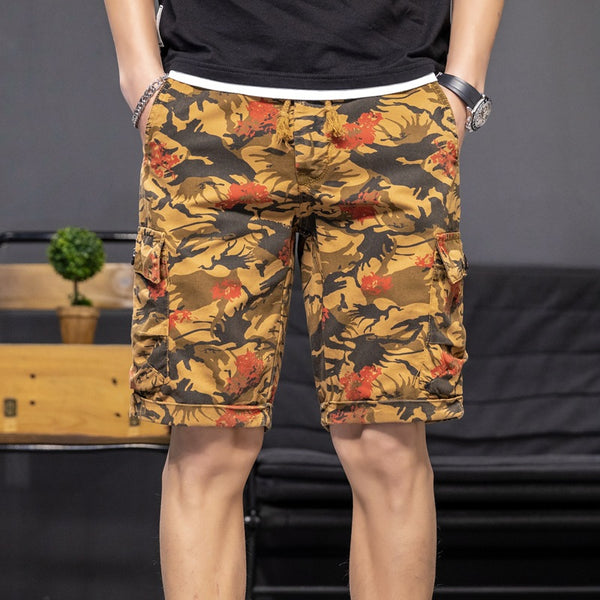 Shorts: Men's fashion, versatile, washed camouflage, multi pocket, work wear, casual pants, loose and movable, 5-point pants
