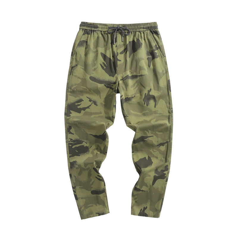 Camouflage overalls: Men's new fashion, washable, versatile, drawstring belt, flat mouth casual pants