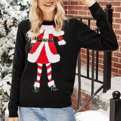 #Christmas# Black Long Sleeve Round Neck Pullover Sweater Santa Claus
