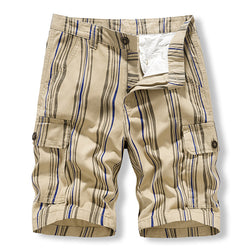 Casual Shorts: Men's middle-aged and old-age sports washing Pure Cotton Striped Multi Pocket work clothes pants