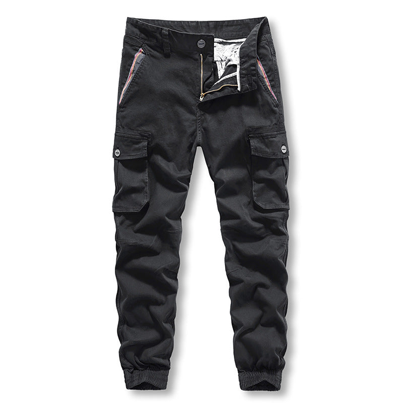 Casual pants: Men's work clothes trend: solid color woven belt Multi Pocket sports washing work clothes