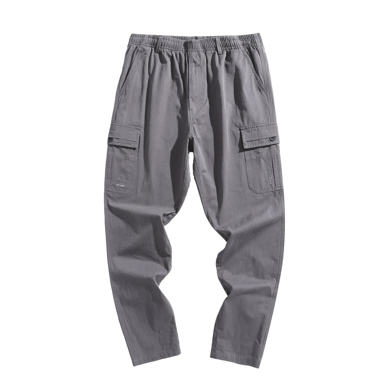 Multi Pocket overalls pants men's new Korean version pure color thin drawstring elastic waist casual pants