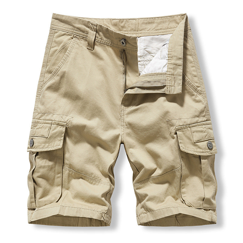 Solid color washed cotton pockets cargo pants bermuda