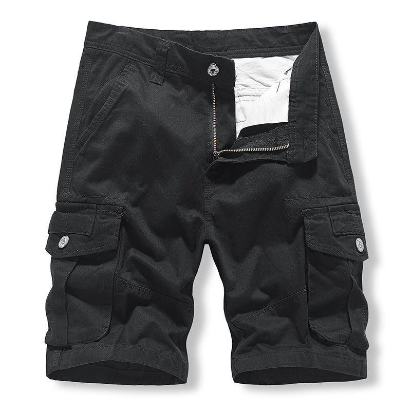 Solid color washed cotton pockets cargo pants bermuda