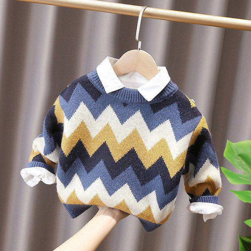 Children's corrugated foreign sweater boys and girls 2022 autumn and winter clothing baby plus velvet sweater children's warm line clothing trend
