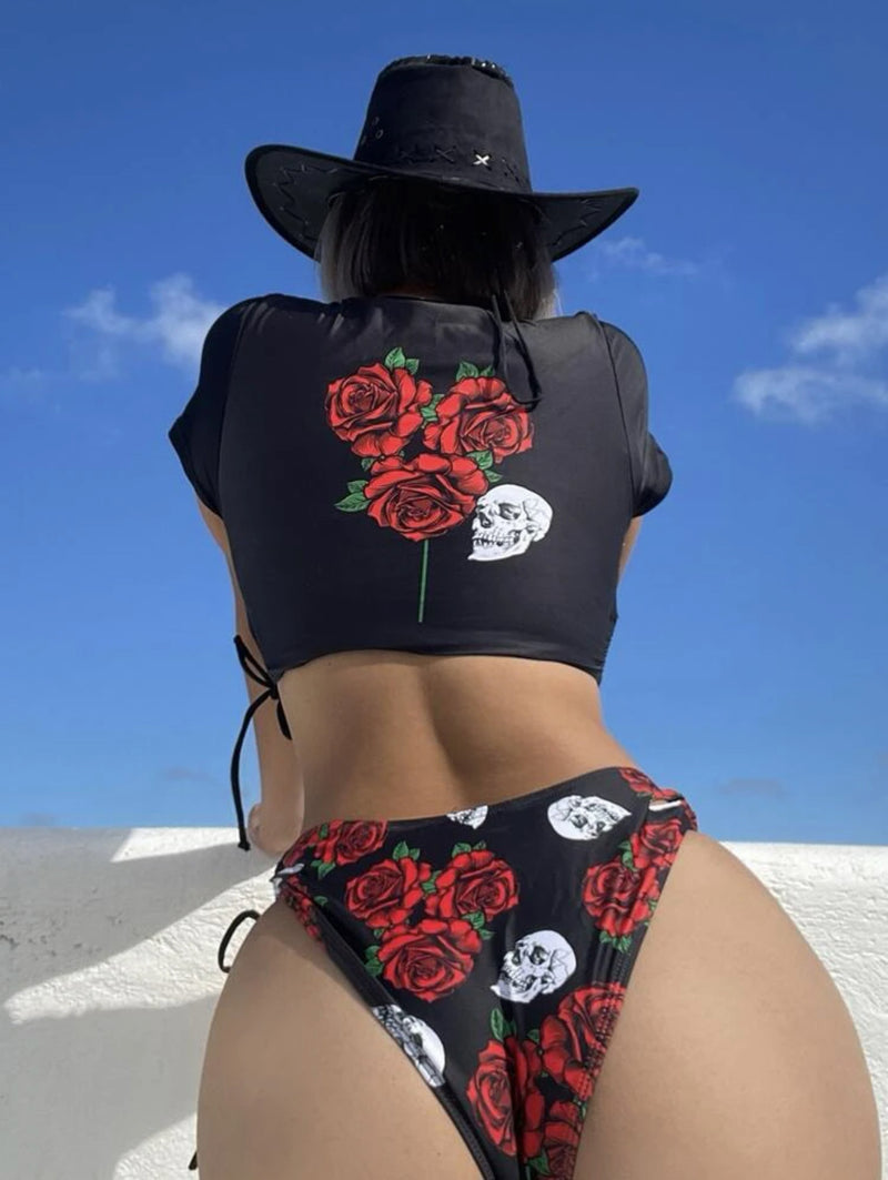Skull Rose Print Drawstring Split Bikini Swimsuit # Halloween