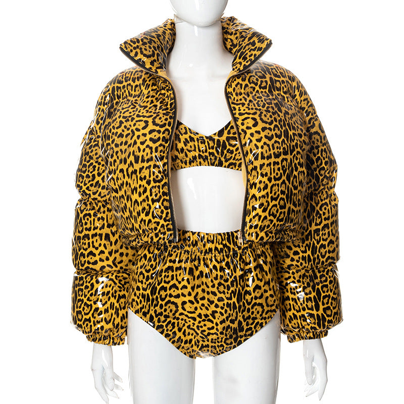 Lady's stand collar cardigan leopard warm casual cotton paded jacket