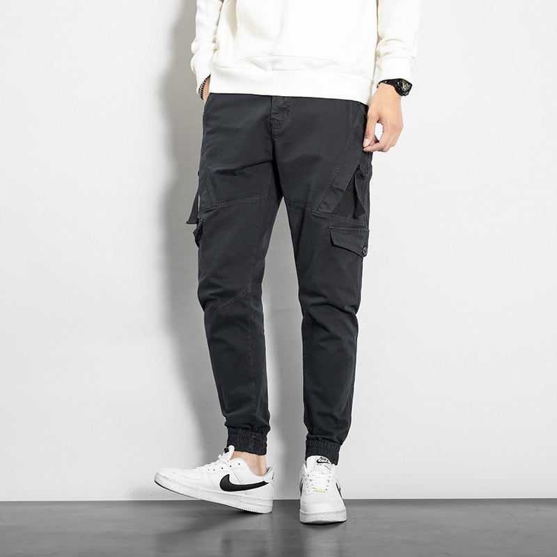 Overalls Pants: Men's overalls, large size, fashionable, versatile, washed solid color, Multi Pocket casual pants