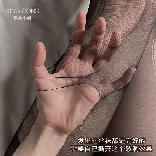 Sexy  tear thin conjoined silk stockings women's black silk hole temptation