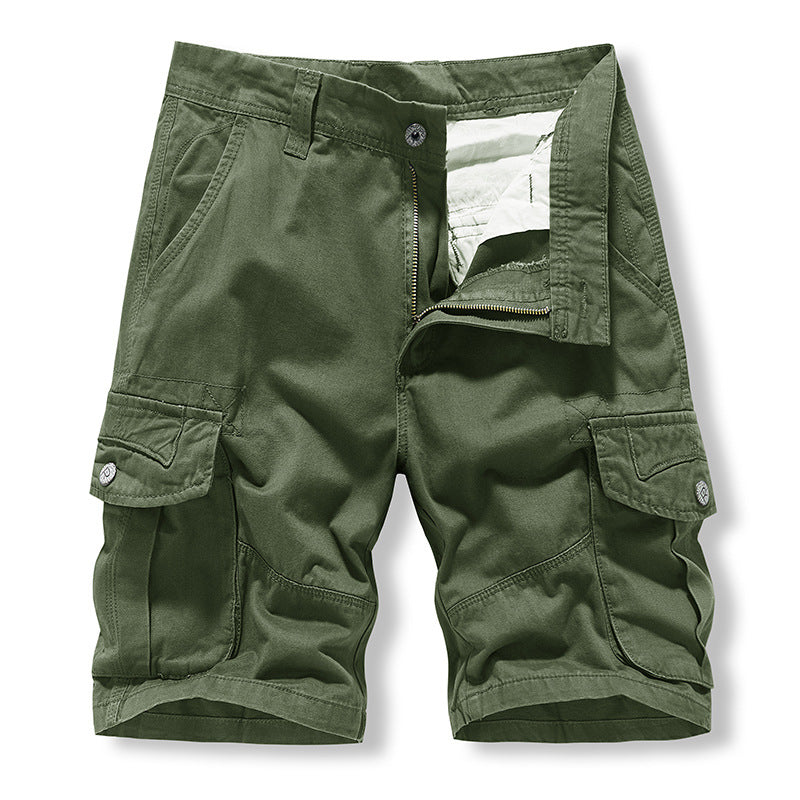 Solid color washed cotton pockets cargo pants bermuda