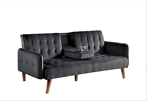 Mid Century Modern Velvet Upholstered Futon Sofa Bed, Couches for Living Room with Center Console and Cupholders, Gold