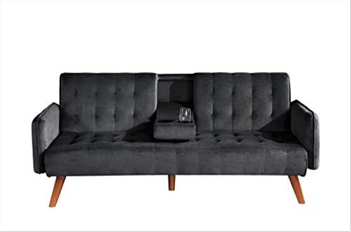 Mid Century Modern Velvet Upholstered Futon Sofa Bed, Couches for Living Room with Center Console and Cupholders, Gold