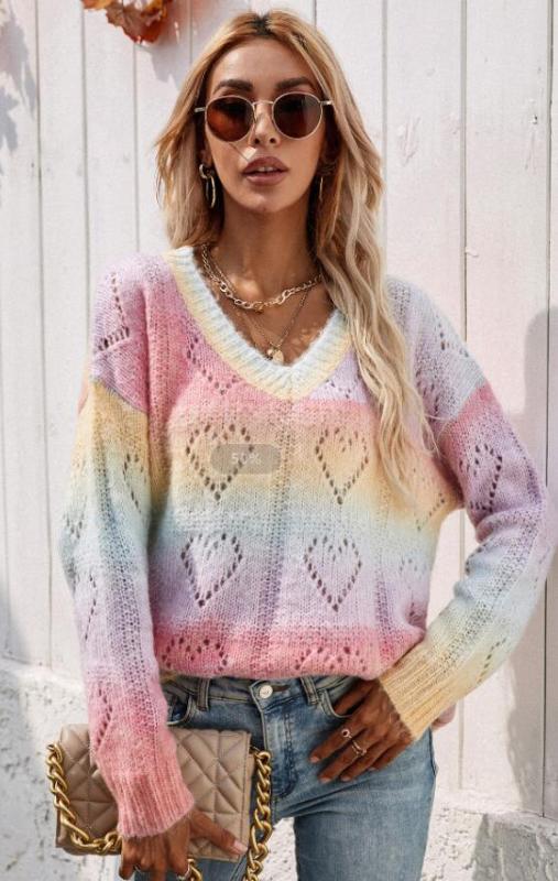 Women'S Rainbow V-Neck Pullover Sweater