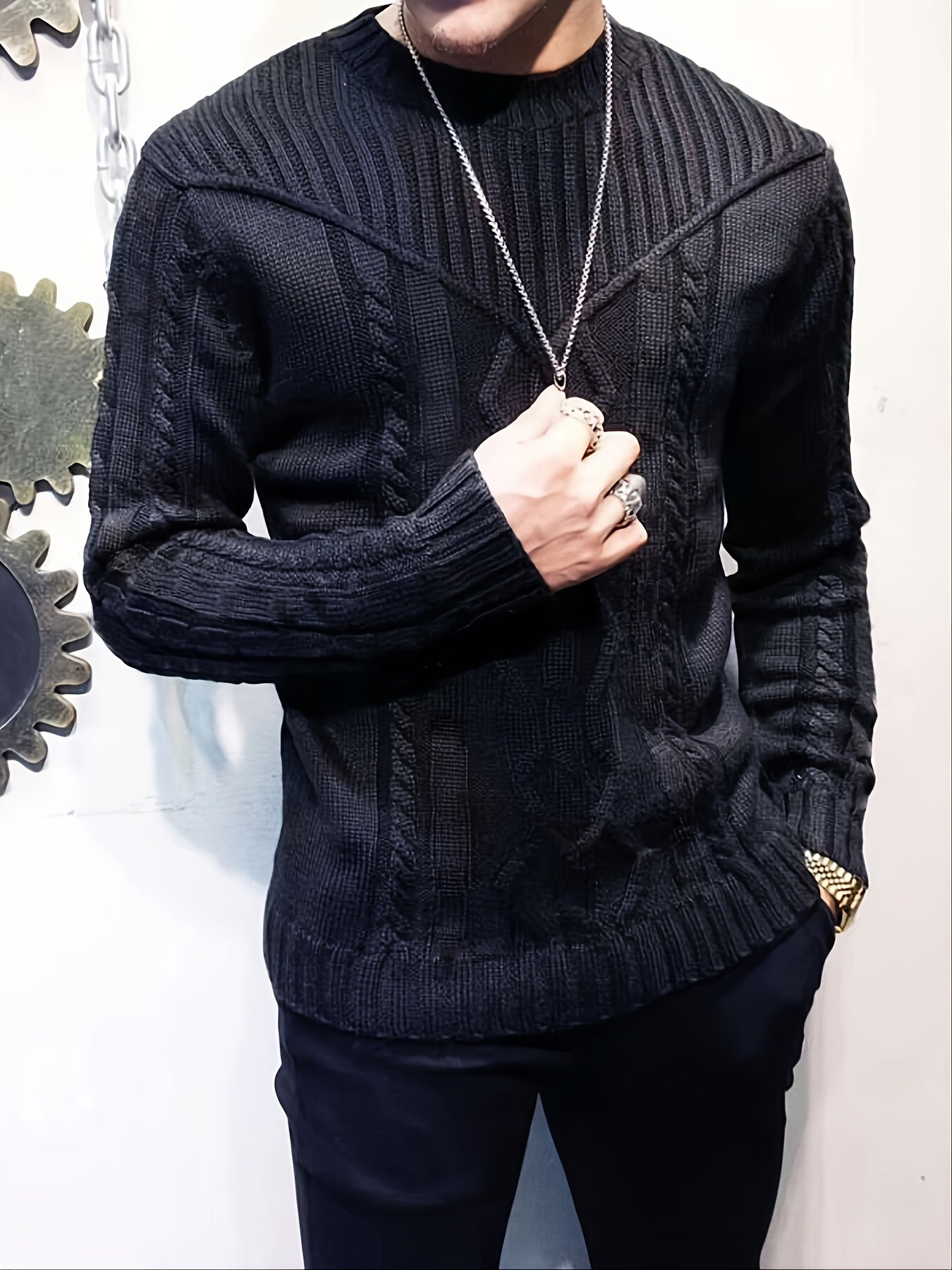 Men's Casual Black Ribbed Knit Pullover Sweater For Winter