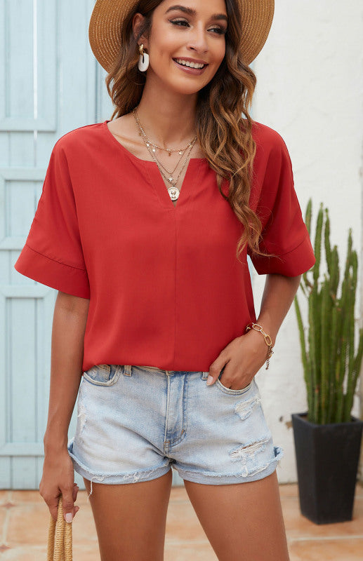 Pure Color V-Neck Short-Sleeved Casual Top