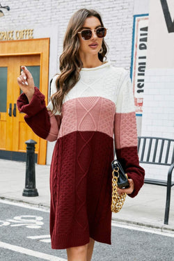 Color Block Mixed Knit Crewneck Sweater Dress