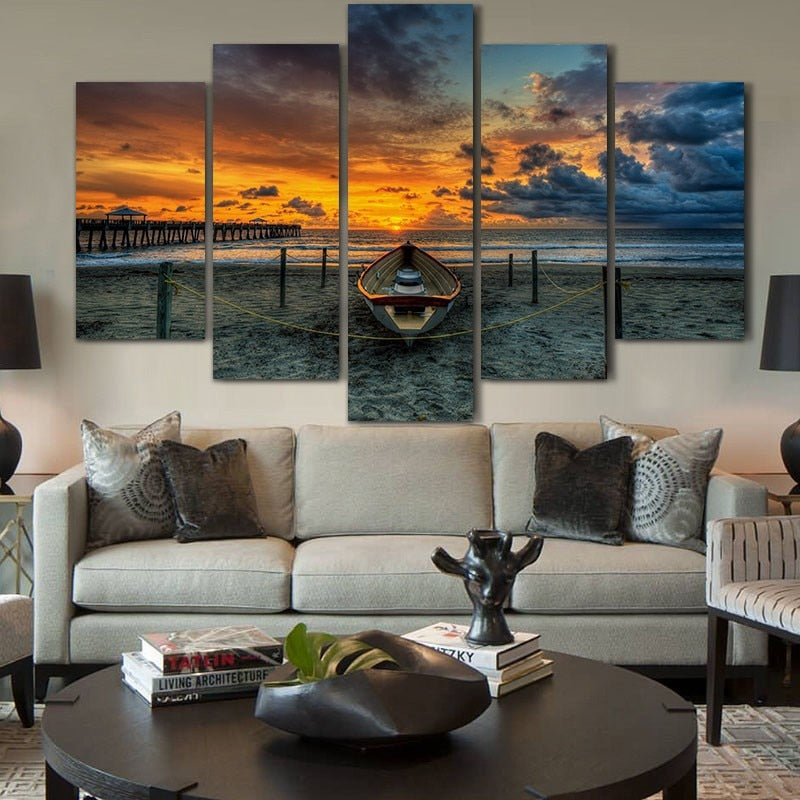 5 Panel Sunset Beach landscape Painting Print on Canvas