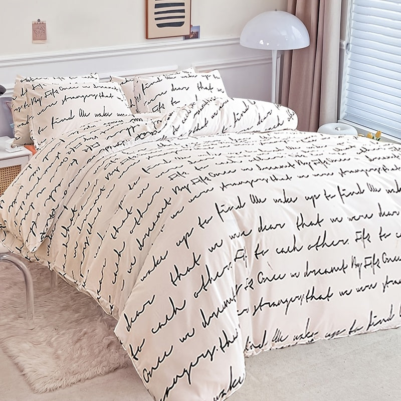 3pcs Love Letter Print Duvet Cover Set (1 Duvet Cover + 2 Pillowcase), Microfiber Bedding For All Season