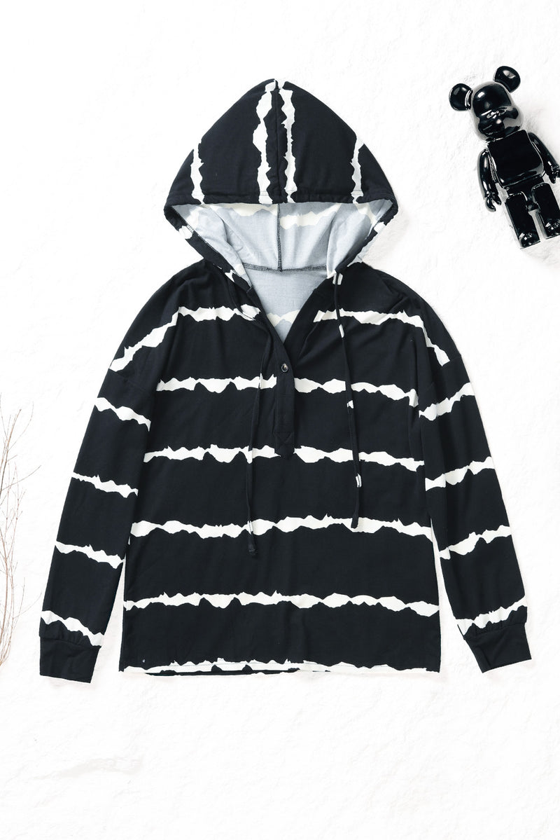 Striped Half-Button Drawstring Hoodie