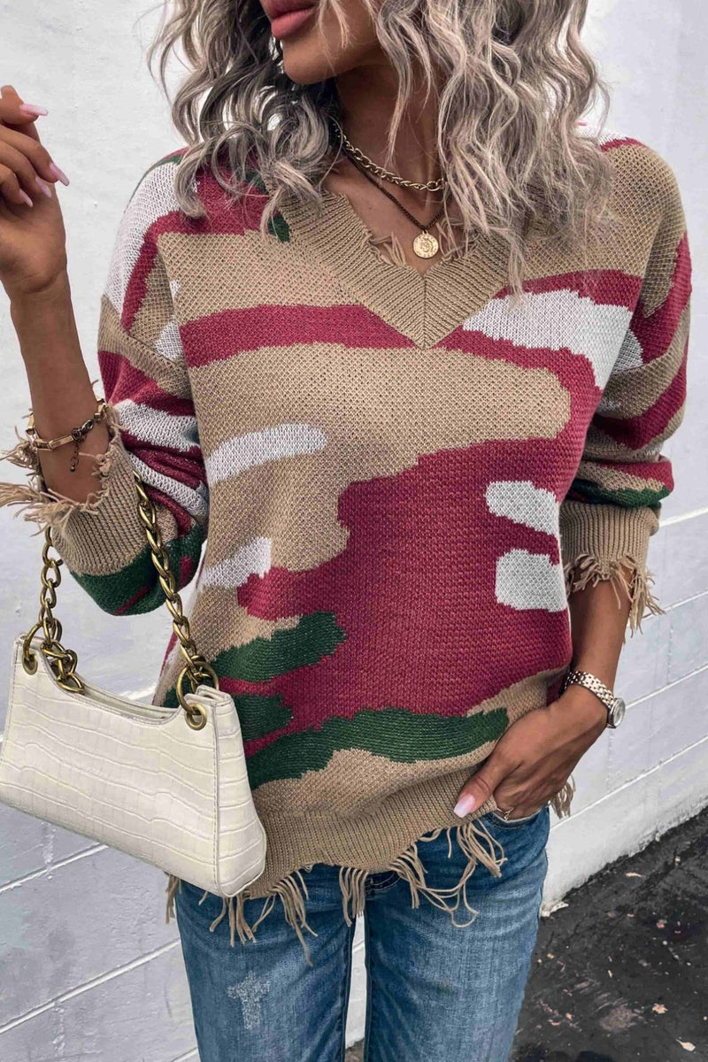 Multicolored V-Neck Distressed Drop Shoulder Sweater