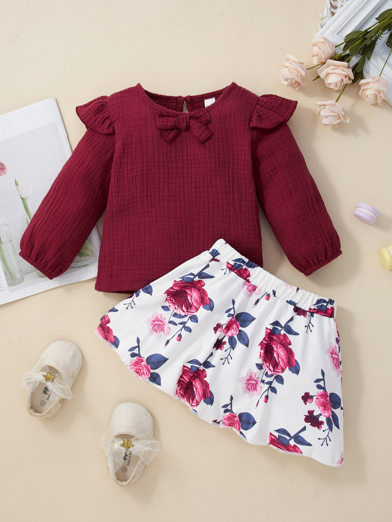 Girls Waffle Bow Detail Top and Floral Skirt Set