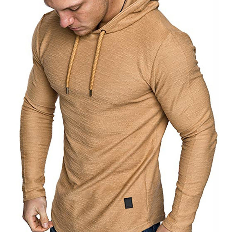 Men's Solid Color Curved Hem Drawstring Hooded Sweatshirt