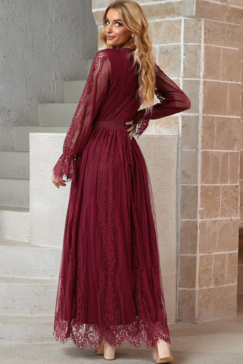 Scalloped Hem Flounce Sleeve Lace V-Neck Maxi Dress