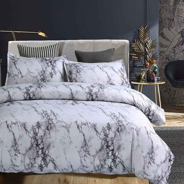 3pcs Marble Duvet Cover Set (1 Duvet Cover + Pillowcase), Soft Microfiber Bedding For All Season, Blanket For Bedroom